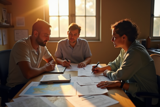 Travailleur humanitaire dans un bureau de terrain avec collègues et cartes