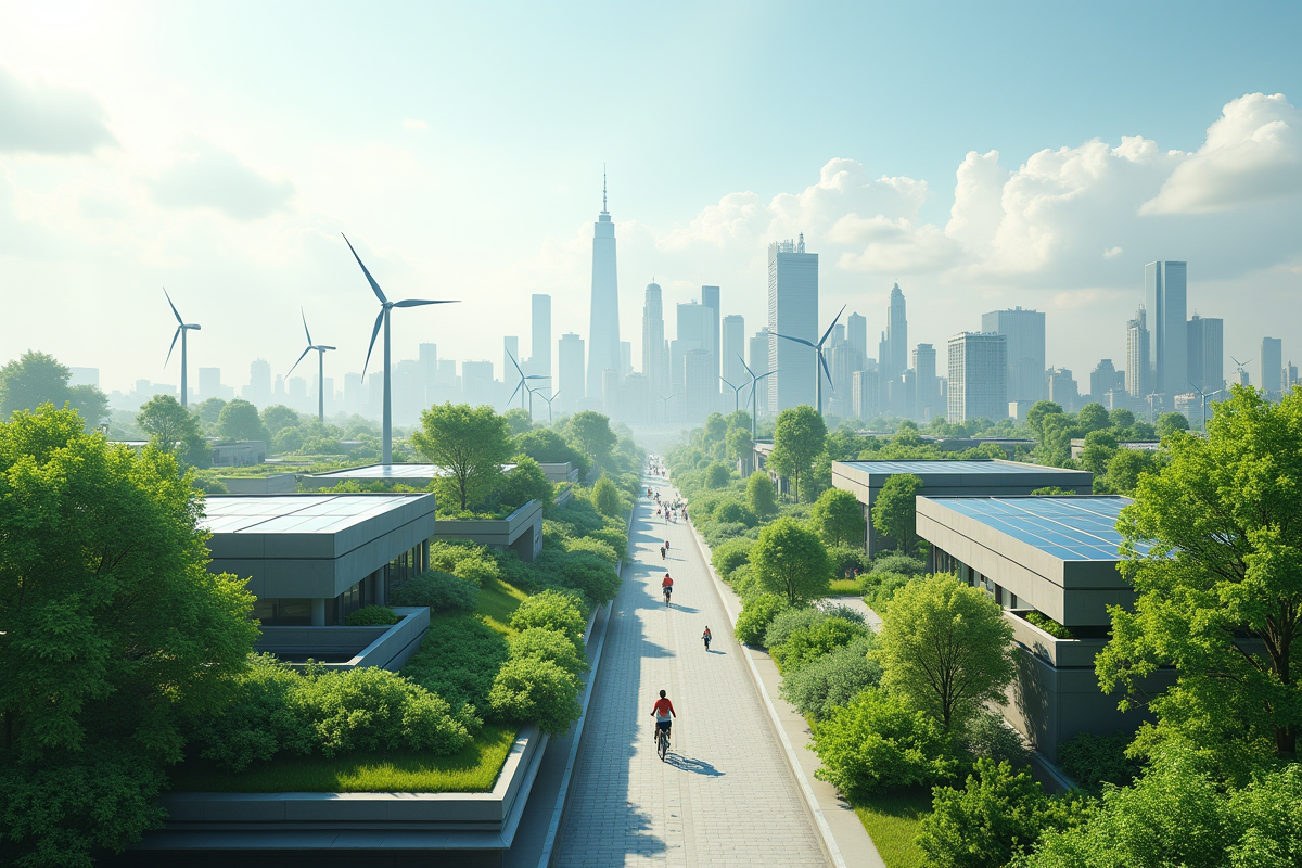 Ville moderne avec toits verts panneaux solaires et turbines éoliennes
